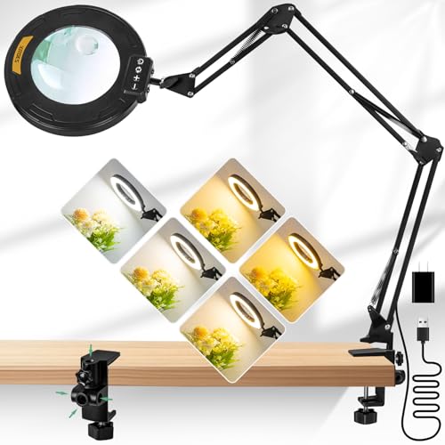 12X & 30X Magnifying Glass with Light, Ultra Long 3 Section Swing Arm LED Desk Lamp with Large Clamp, 5 Color and Brightness Hands Free Magnifier Light and Stand for Workbench Crafts Soldering