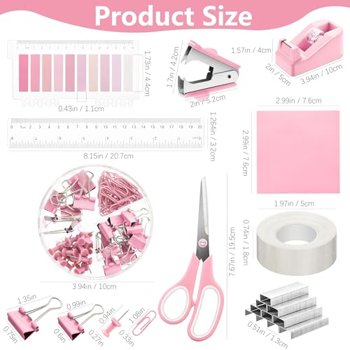 11 Pcs Pink Office Supplies Set Mesh Desk Organizer Accessories Kit Include Stapler Tape Dispenser Staple Remover Clips Ruler Scissors Sticky Notes for Office School Home Women (Pink)