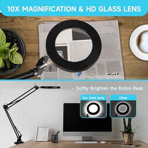 LED Magnifier Desk Lamp with Stand, 3 Color Modes & Stepless Dimming 5-Diopter Glass Lens, Adjustable Swivel Arm - Magnifying lamp for Close Work, Repair, Crafts, Reading - Long