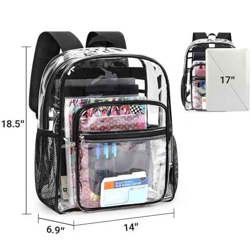 ZORFIN Clear Backpack Heavy Duty for School ? 18in Transparent PVC Bag with Large Capacity & Reinforced Straps for Men, Women, Boys & Girls - See Through Bookbag for College Workplace Security, Black