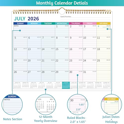 BowCuk 2026-2027 Wall Calendar 21 Months - 14.57 x 11.42 Inches, Large Ruled Blocks, Holidays & Notes