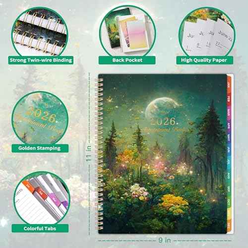 2026 Appointment Book/Planner - Appointment Book 2026, Jan.2026 - Dec.2026, 9" x 11", Daily/Hourly Planner 2026 with 30-Minute Increments, Twin-Wire Binding + Colorful Tabs + Back Pocket, Dreaming Moon