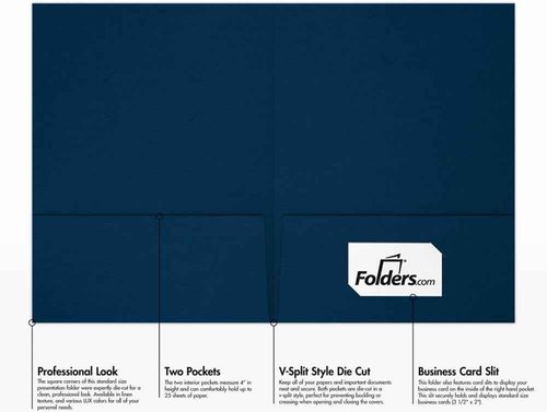 LUXPaper 9" x 12" Presentation Folders | Two Pocket | Front Cover Card Slits (Center) | Nautical Blue Linen | 100lb. Cover | 25 Qty