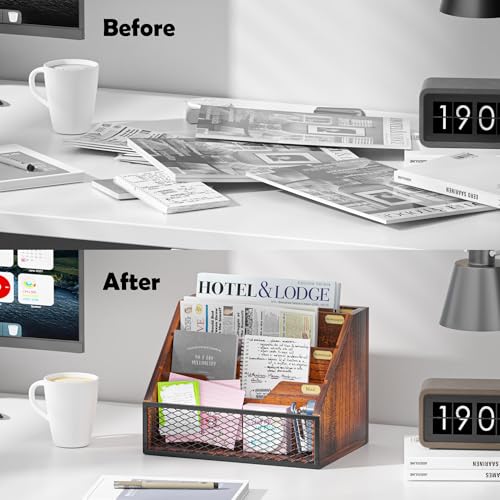 Yelinkws Brown Wooden 4-Slot Mail Organizer for Desktop & Wall