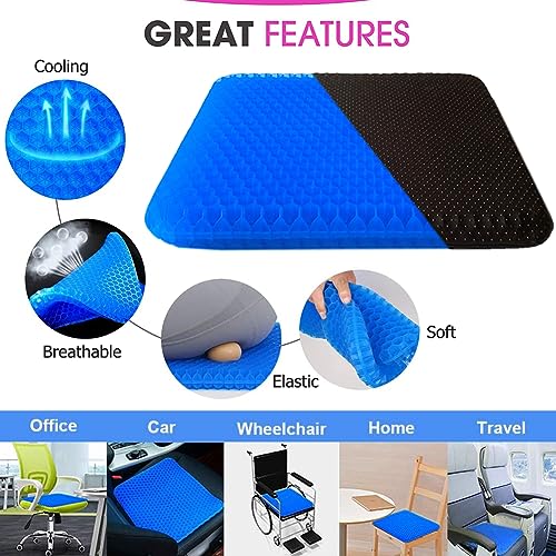 Helishy Gel Seat Cushion 16x14x1.65 in - Blue, Double Thick Honeycomb Relief