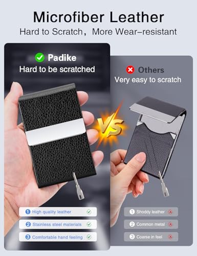 Padike Black PU Leather Business Card Holder Slim Metal Pocket with Magnetic Closure