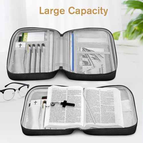 FINPAC Bible Cover, Carrying Book Case Church Bag Bible Protective with Handle and Zippered Pocket, Gift for Mother Lady Women Men, Black & Brown