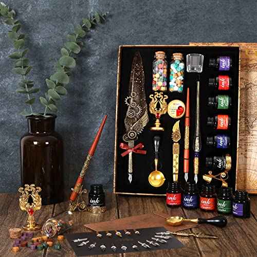 Quill Pen and Ink Set - Mechanical Punk Feather pen - Wooden Dip Pen - Glass Drawing Pen - Multi Ink Calligraphy Pen Set - Basic Wax Seal Stamp Kit- 17 Calligraphy Nibs£¨Grey£©