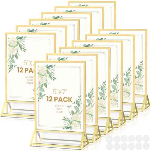 Gold Frames 5X7 Acrylic Sign Holder Double-Sided Tabletop Picture Frames for Menu, Wedding Table Number, Christmas Photos - 12 Pack With Removable Sticky Dots