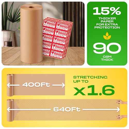 Honeycomb Packing Paper | Extra Thick 90 GSM Packing Wrap | Biodegradable Packing Materials: 15¡± x 400¡¯ Moving Paper + 30 Fragile Stickers | Paper Bubble Wrap/Packing Bubbles Substitute