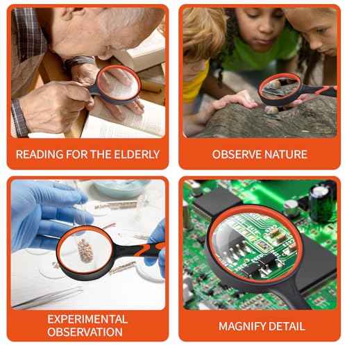 2 Pack 75mm 10X Handheld Magnifying Glass,Rubber Reading Magnifier for Kids Seniors, Suitable for Hobbies and Science