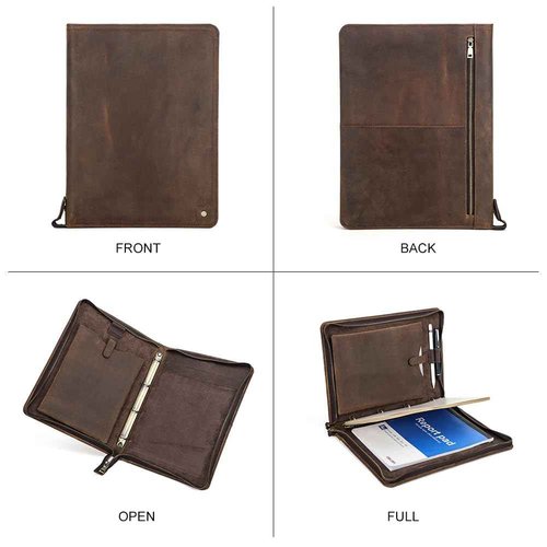 Contacts Full Grain Leather Portfolio 4 Ring Binder Professional A4 Notepad Folder Zipper Binder Organizer with 11" iPad Pocket, 40 Sheets of A4 Paper