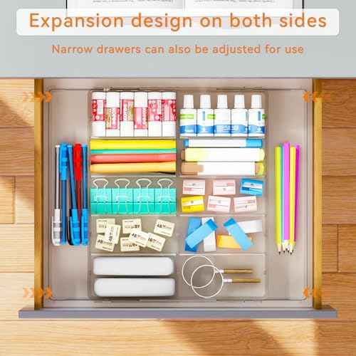 Yieach Large Expandable Desk Drawer Organizer Tray for Office Supplies and Accessories With 12 Adjustable Compartments,Office Drawer Organizers for Pencil,Pen and Kitchen Junk Drawer Organizer,Clear