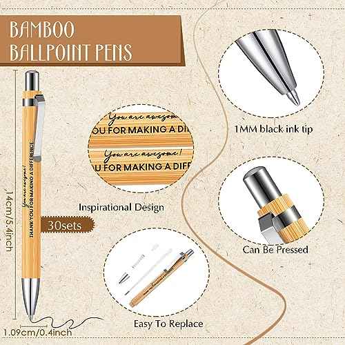Yeaqee 30 Sets Employee Appreciation Gift Thank You Gifts 30 Pcs Inspirational Spiral Kraft Notebook and 30 Pcs Motivational Bamboo Pen Retractable Wooden Pen for Colleague Employee Nurse Teacher