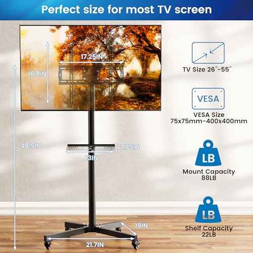 Rolling TV Stand for 26-55 Inch LCD LED Flat/Curved Panel Screen TVs, Portable TV Stand with Wheels & Media Shelf. Angle Adjustable TV Cart with Lockable Wheels, Max VESA 400x400mm