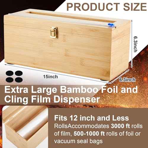 1 Pack 12 Inch Extra Large Foil and Plastic Wrap Organizer with Cutter, Bamboo Wrap Organizer Holder Holds 3000ft Film Rolls or 500ft-1000ft Foil Rolls for Restaurant Kitchen Food Service