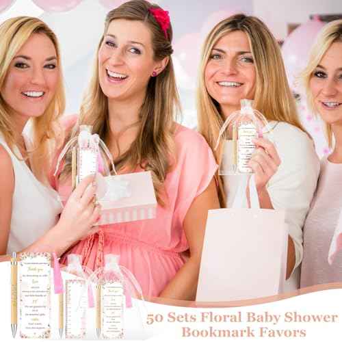 50 Sets Baby Shower Favors for Guests Includes 50 Baby Shower Ballpoint Pens 50 Thank You Bookmarks 50 Organza Bags for Gender Reveal Gifts Guest Prizes(Floral,Pink)