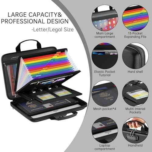 Fireproof File Organizer,Fireproof Document Box with Lock,Large 13 Pocket Expanding File Folder,Hard-Shell Portable Safe Storage for Letter/Legal Document,Laptop,Valuables-Black