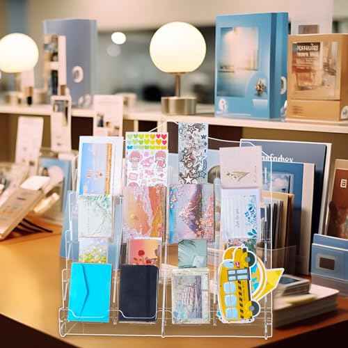 Acrylic Card Display Stand 4 Tier 16 Pockets Clear Display Sticker Holder Display for Vendor Events Acrylic Organizer Shelf for Greeting Cards Postcards Stickers Brochures