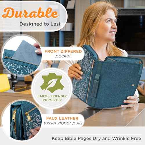 Christian Art Gifts Faith Badge Floral Women's Tri-Fold Organizer Bible Cover Zipper Closure, Teal Canvas, Large