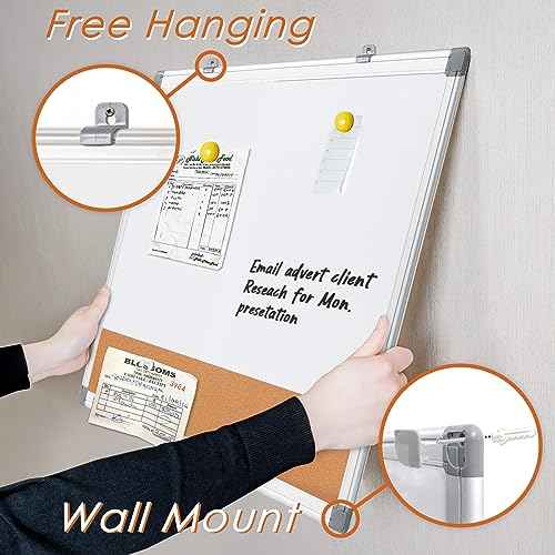 S SWANCROWN Magnetic Dry Erase and Cork Board Combo Hanging Whiteboard Notice Board for Wall Gift Home School Office, 36 x 24 Inches, with Maker/Pins/PenTray/Hooks