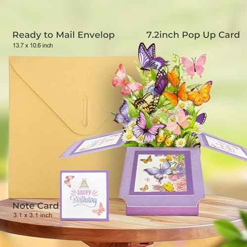 Birthday Cards for Women, Butterfly Pop Up Card Box, Happy Birthday Gifts Cards for Women, Daughter, Mom, Sister, Friend, Butterflies & Flowers Greeting Card with Blank Notecard & Envelope