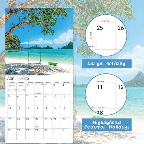 2026 Wall Calendar,Calendar 2026, November 2025 - December 2026, Wall Calendar Tropical Beaches, 12" x 24" Opened,Full Page Months Thick & Sturdy Paper for Calendar Organizing & Planning