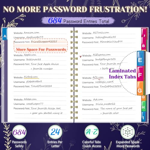 Hi!SCI Password Book with Colorful A-Z Laminated Tabs, Lavender Purple, Spiral Keeper (684 Entries)