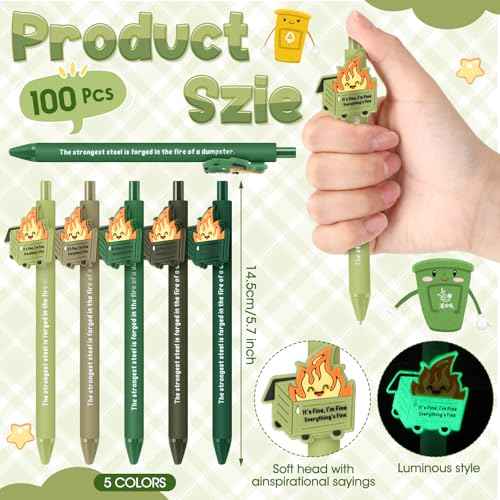 100 Pcs Dumpster Fire Pen Gifts Funny Luminous Dumpster Fire Ballpoint Pen with Saying Emotional Staff Appreciation Support Gift for Employee Coworkers Boss Student Teacher