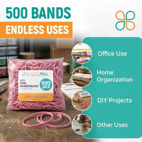Pink #33 Rubber Bands 3 1/2 in x 1/8 in, 1LB (500-Pack) PlasticMill