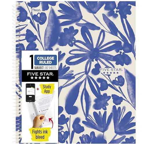Five Star Spiral Notebook + Study App, 1 Subject, College Ruled Paper, 8-1/2" x 11", 80 Sheets, Fights Ink Bleed, Water Resistant Cover, Soft Petals Blue (820441F-ECM)