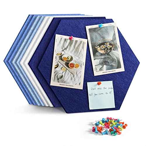 12" Large Bulletin Board with 30 Push Pins, Pack of 8 Hexagon Felt Pin Board Notice Boards for Home Office Kitchen, Felt Wall Tiles for Photos Memos
