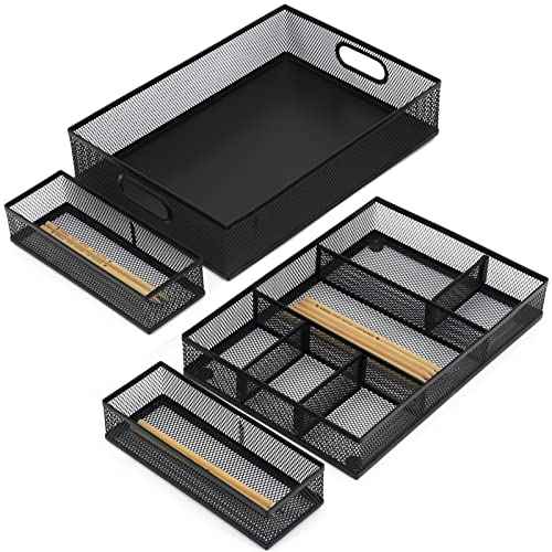 Neudeco Desk Drawer Organizer with 6 Adjustable Dividers, Metal Pen organizer for desk drawer,Mesh Office Desk Drawer Organizer Tray for office supplies (Pack 4, Black)