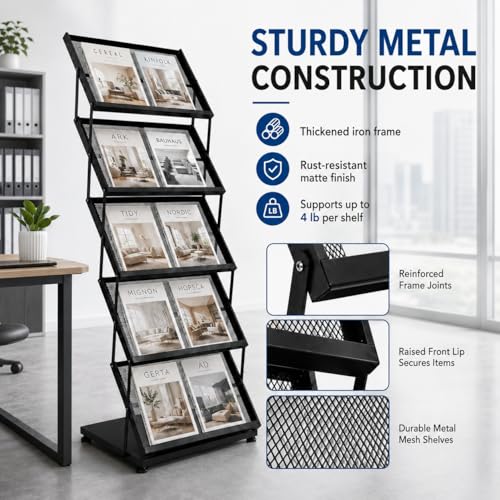 Foldable Floor Standing Magazine & Brochure Display Rack with Wheels, 5 Tiers