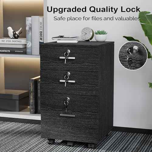 VINGLI 3-Drawer File Cabinet with Lock, Wood Rolling Filing Cabinets for Home Office, Mobile Printer Stand, Under Desk File Organizer for Letter Sized Files, 26" H(Caster Included), Black