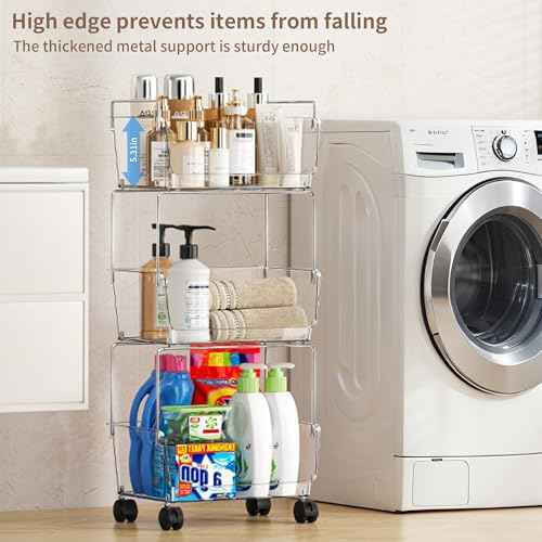 3-Tier Rolling Cart with Wheels, Clear Bathroom Storage Cart with Lockable Wheels, PET Utility Cart for Kitchen, Bedroom, Office,Snack, Makeup - Multifunctional Storage Easy to Assemble