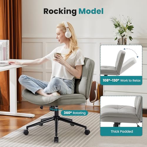 OLIXIS Criss Cross Chair with Wheels, Legged Home Office PU Leather Wide Armless Desk Seat, Rolling Adjustable Swivel Ergonomic Comfy Vanity Seating