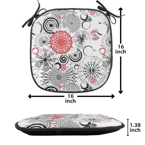 Ambesonne Mandala Chair Seating Cushion Set of 8, Grunge Looking Round Floral Rounds Contrast Colors and Design, Anti-Slip Seat Padding for Kitchen & Patio, 16"x16", Vermilion Black White
