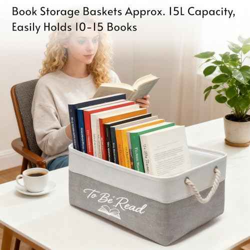 Book Storage Basket TBR Book Lover Gifts To Be Read List Storage Bin Reading Accessories?a bookish gift for students teachers homes as well as book club members and librarians (White + Gray)