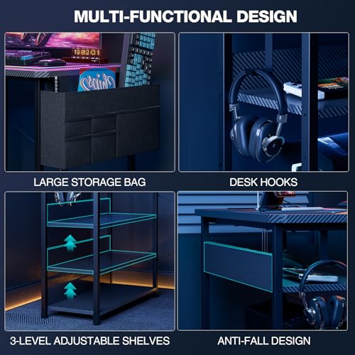 Small Gaming Desk with Power Outlets, 40 Inch L Shaped Desks with Reversible Shelves and Storage Bag,Computer Desk Corner Desk PC Desk for Gaming and Home Office Table,Black Carbon
