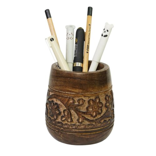 Mie Creations Designer Pencil Holder for Desk Wood | Wooden Pen Stand, Paintbrush Cup, Desk Accessories, Cute Make Up Brush Organizers | Office Desktop Stationery, Mothers Day Gift for Mom- 4'' Brown