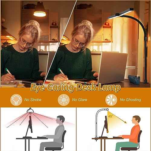 Double Head LED Desk Lamp with Remote Control for Home Office 24W Brightest Computer Desk Light for Workbench Drafting Architect Study Reading with Clamp and Base