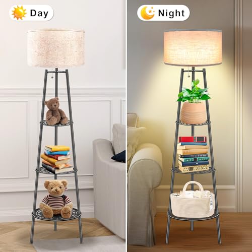 Floor Lamp with Shelves for Living Room£¬ Standing Lamp£¬Tall Lamp£¬ Amparas Elegantes para Sala with Linen Shade£¬Modern Floor Lamp for Living Room£¬Bedroom or Office£¨Black £©