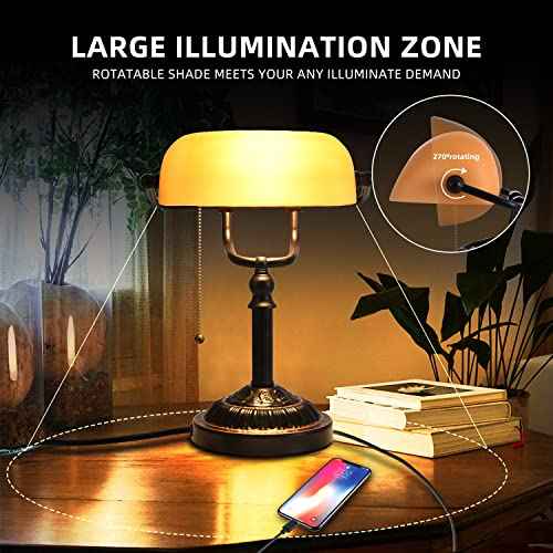 Rustic Banker's Desk Lamp Pull Chain, Traditional Bankers Desk Lamp with USB Port, Vintage Farmhouse Table Lamp for Home Office Library