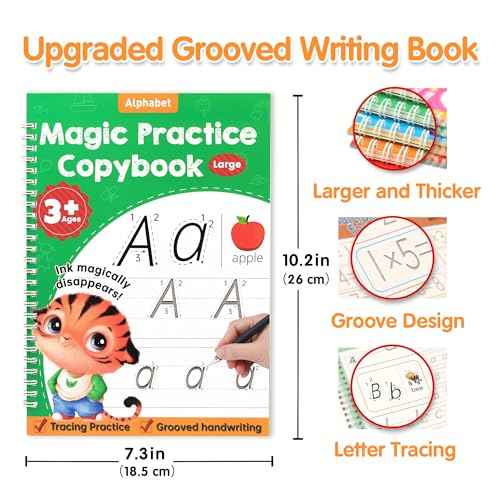 Large Magic Grooved Practice Copybook for Kids, Reusable Grooved Handwriting Workbook, Learn to Write Number Letter Tracing for Kids Ages 3-8 Kindergarten Preschool Calligraphy 10.2¡¿7.3"