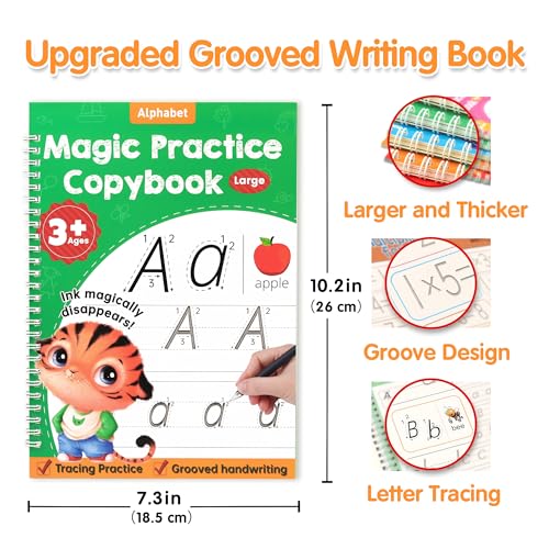 Kids Reusable Handwriting Practice Book Set with Magic Ink, Grooved Tracing Sheets & Refills