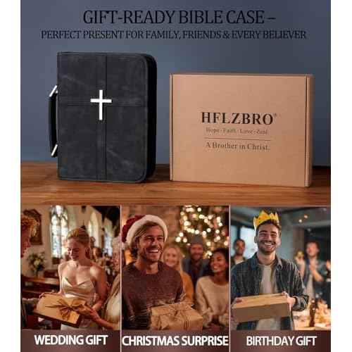 Vegan Leather Bible Cover Case, Bible Bag with Phone Pocket, Bible Case for Men Women, Christian Gift Box Packaging (Black, Large)