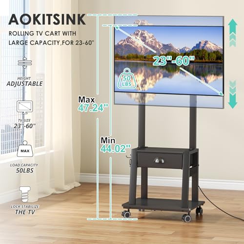Aokitsink Rolling TV Stand with Power Outlet 23-60in, 2 Shelves, Fabric Drawer, Height Adjustable
