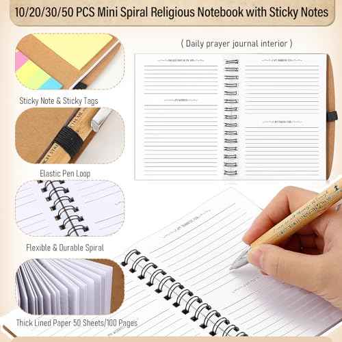 Spakon 30 Set Christian Gifts Bulk Church Gifts Religious Notebook Spiral Bible Verse Bamboo Pens Mini Bible Study Journal for Sunday School Employee Coworker Men Women (Brown)