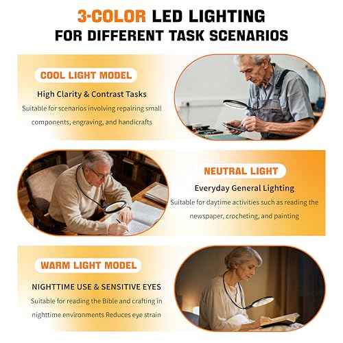 Hands Free Magnifying Glass with Light for Close Work, Neck Wear Magnifier for Reading Books, Sewing, Cross Stitch, Low Vision Seniors with Aging Eyes,5 Inch 5X & 10X Lighted Magnifying Glass